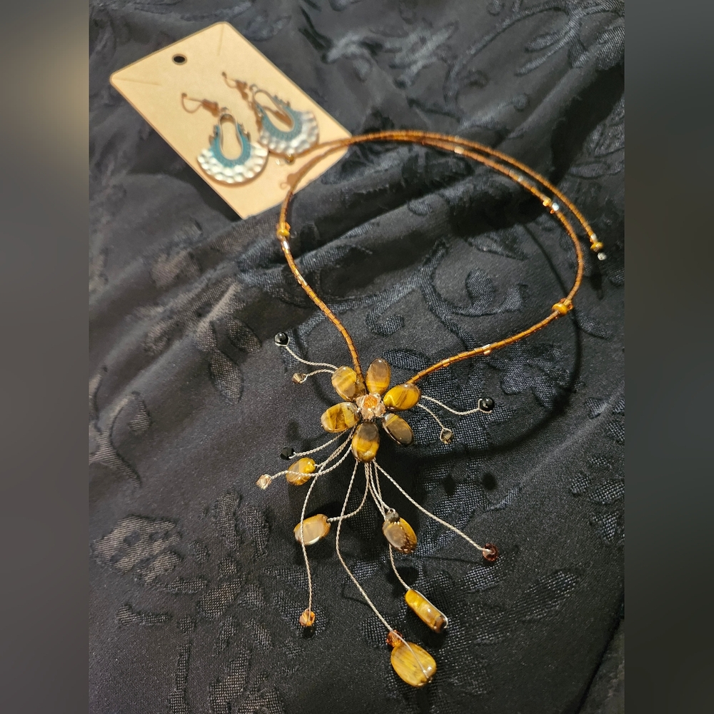Elegant Tigers Eye Necklace with Floral Design With Earrings